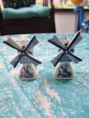 Blue and White Delft-Style Windmill Salt & Pepper Shakers